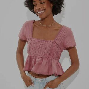 American Eagle Mauve Cropped Baby Doll Eyelet Lace Cropped Blouse